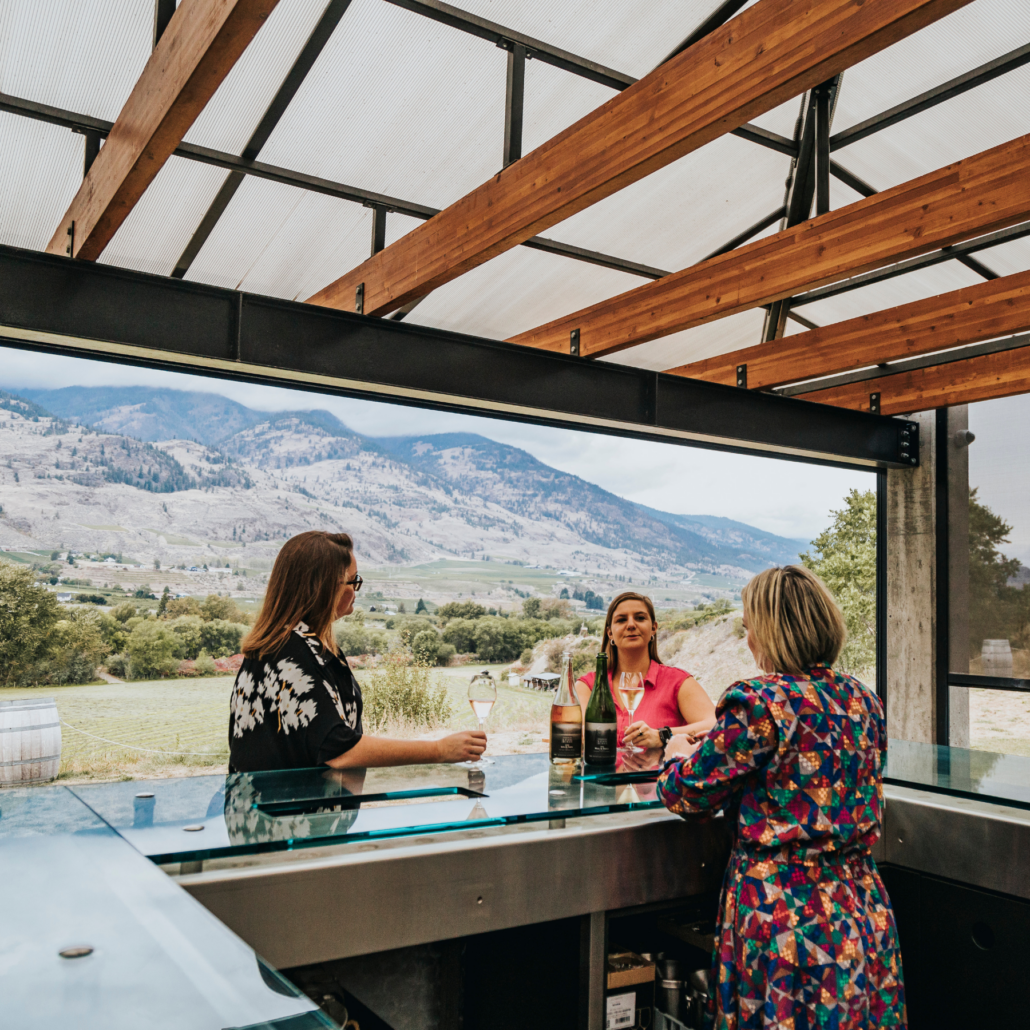 Two women having a glass of wine at Chruch and State Wines with the stunning Oliver landscape and mountains in the background.