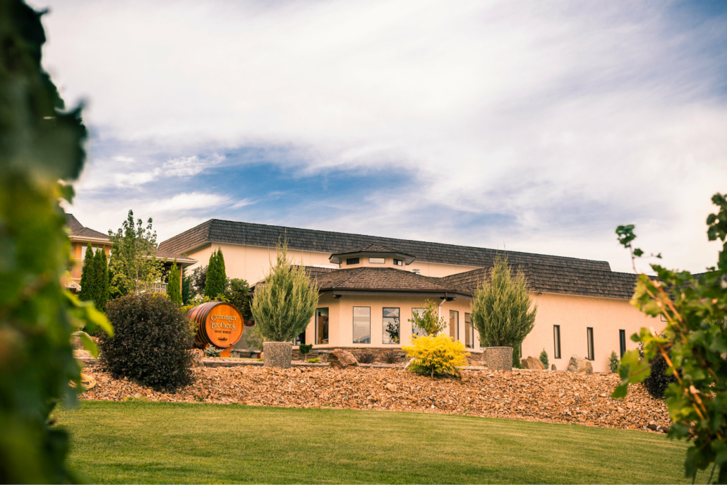 Gehringer Brothers Estate Winery tasting room with a large wine barrel at the entrance.