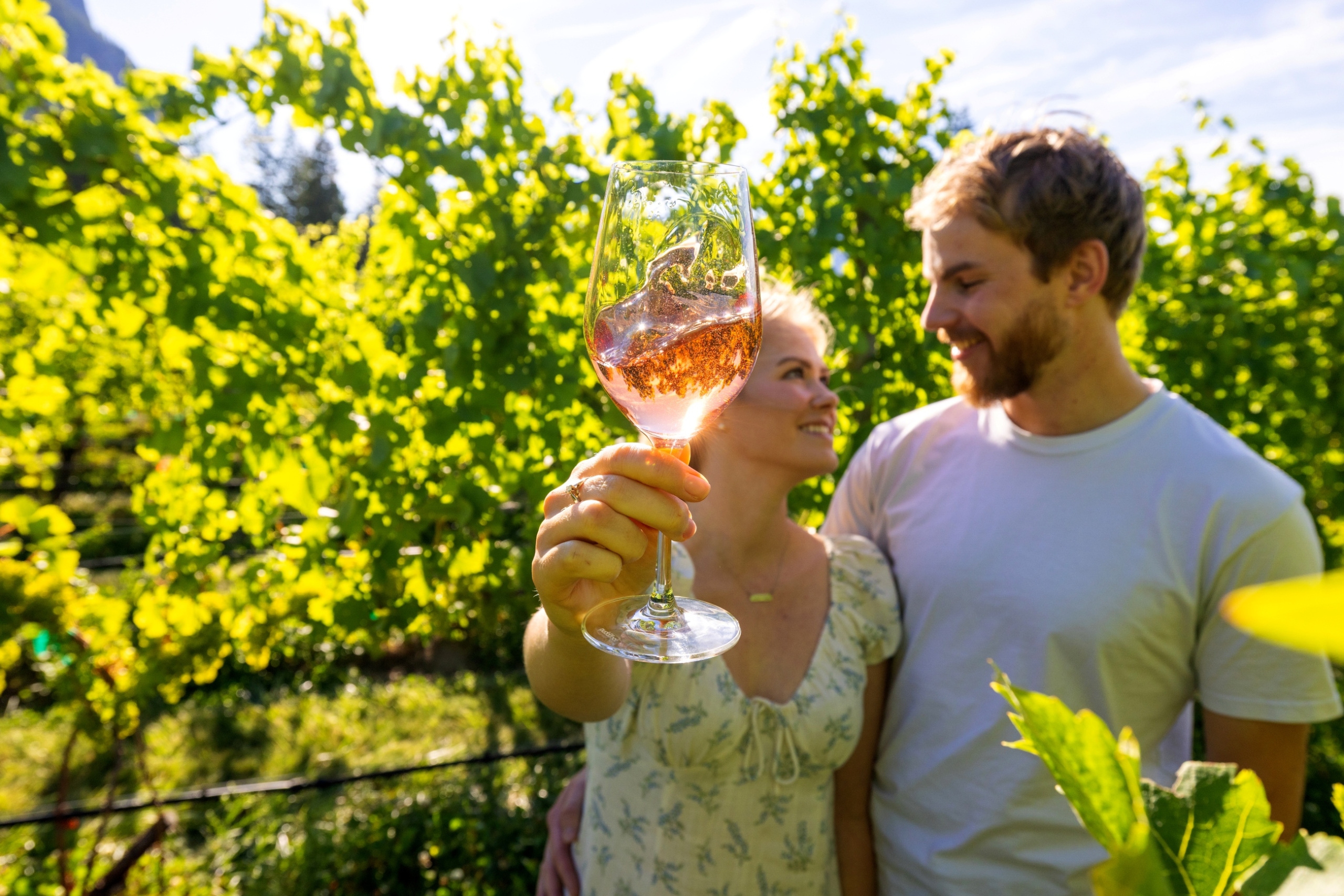 A women holds a glass of rose wine sparkling in the sun in a lush BC vineyard.