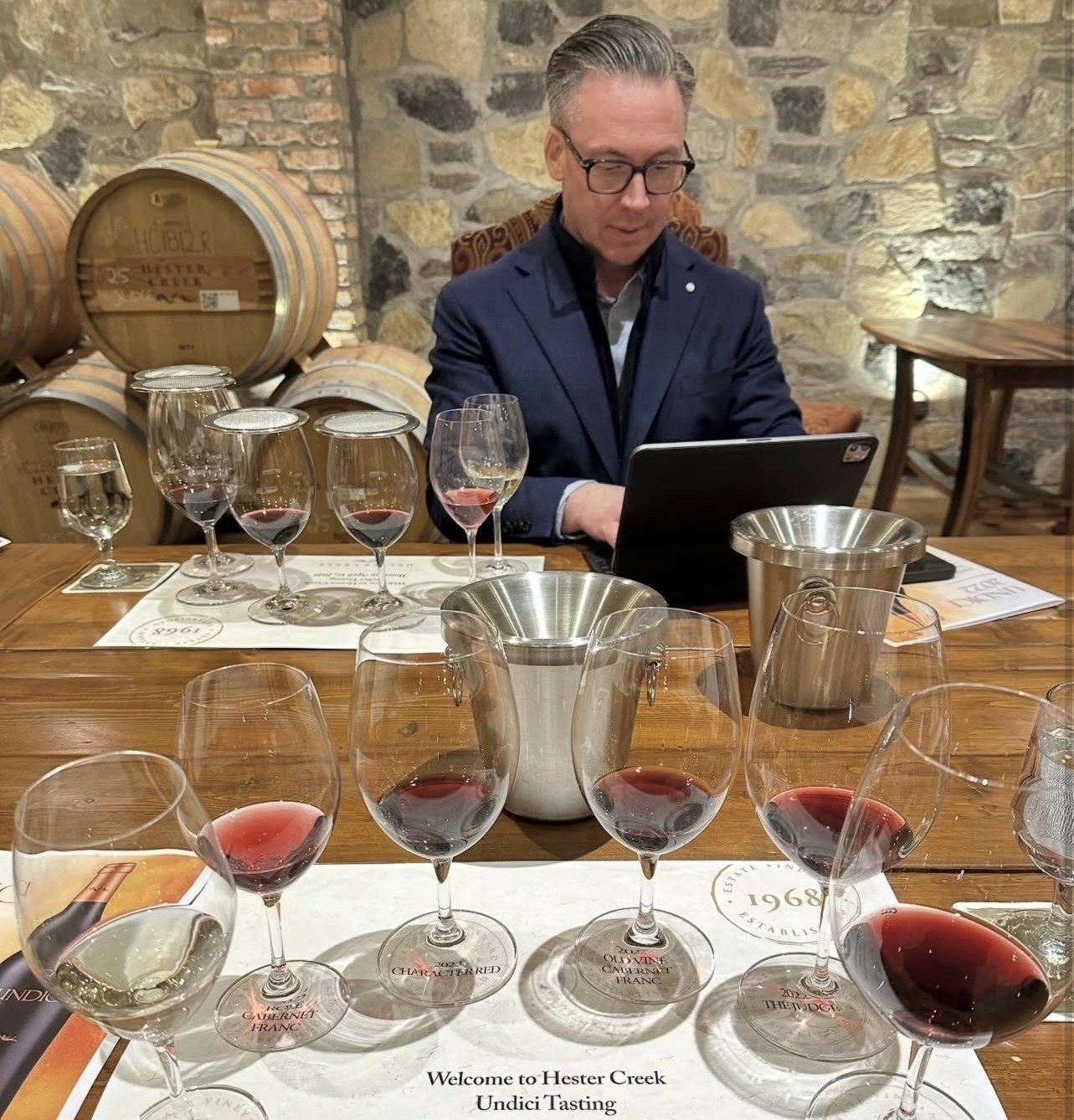 Seated Undici Tasting at Hester Creek Winery along Golden Mile Bench.