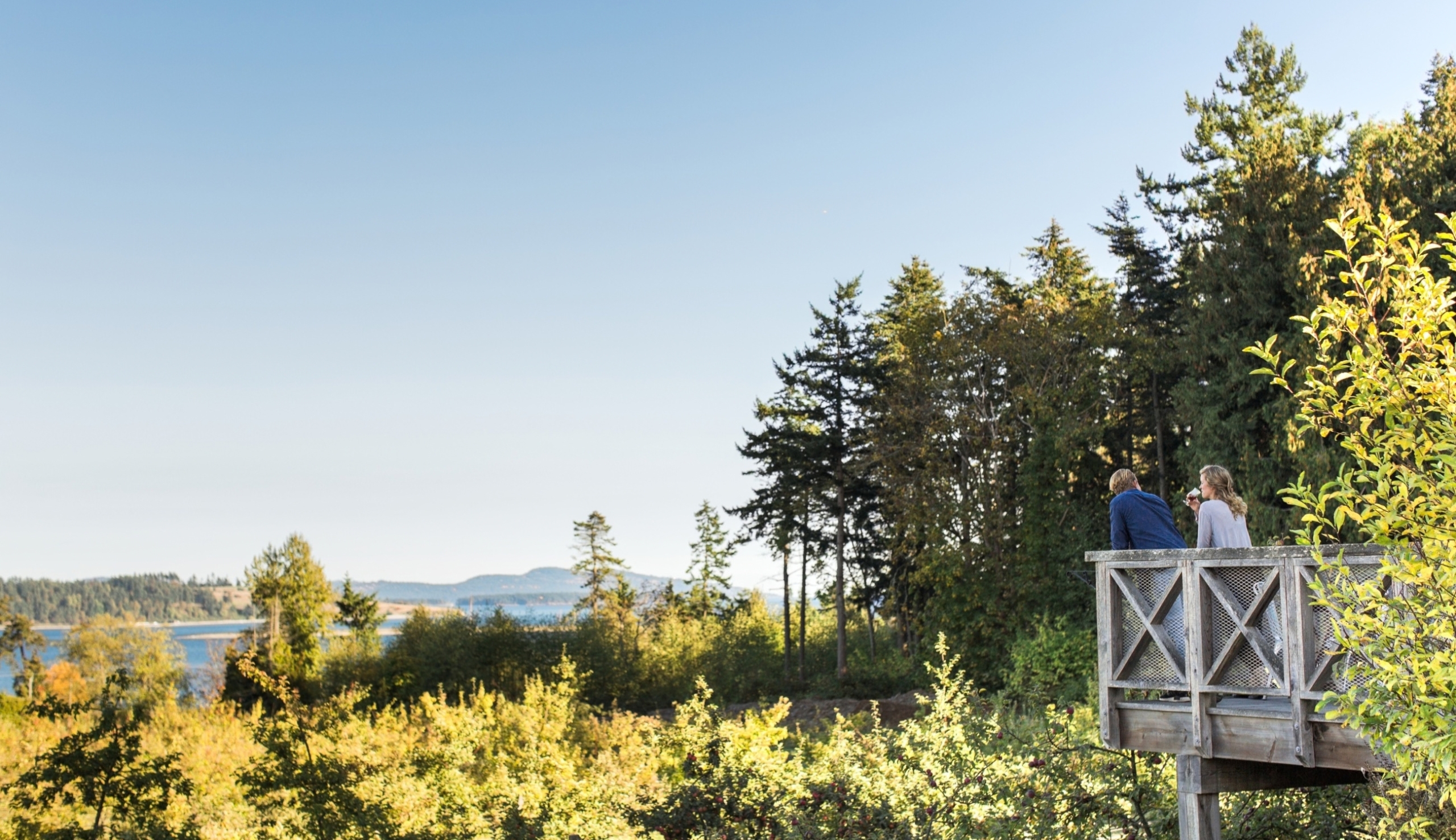 A couple sips a glass of BC wine from a lookout over the ocean on Vancouver Island.